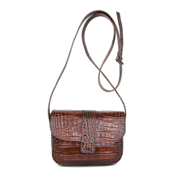 Malá kabelka crossbody z hovädzej kože s dezénom krokodíla v hnedej farbe - Image 3