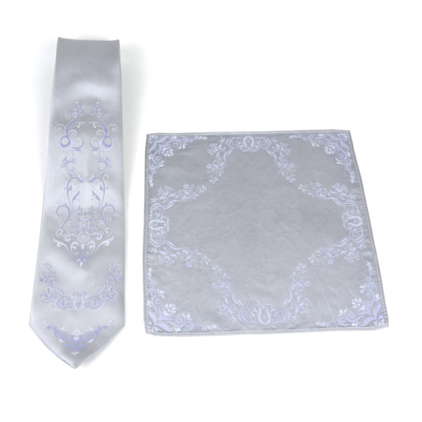 Hodvábna kravata + vreckovka vyrobená na Slovensku - Light Ornament Silver - Image 2