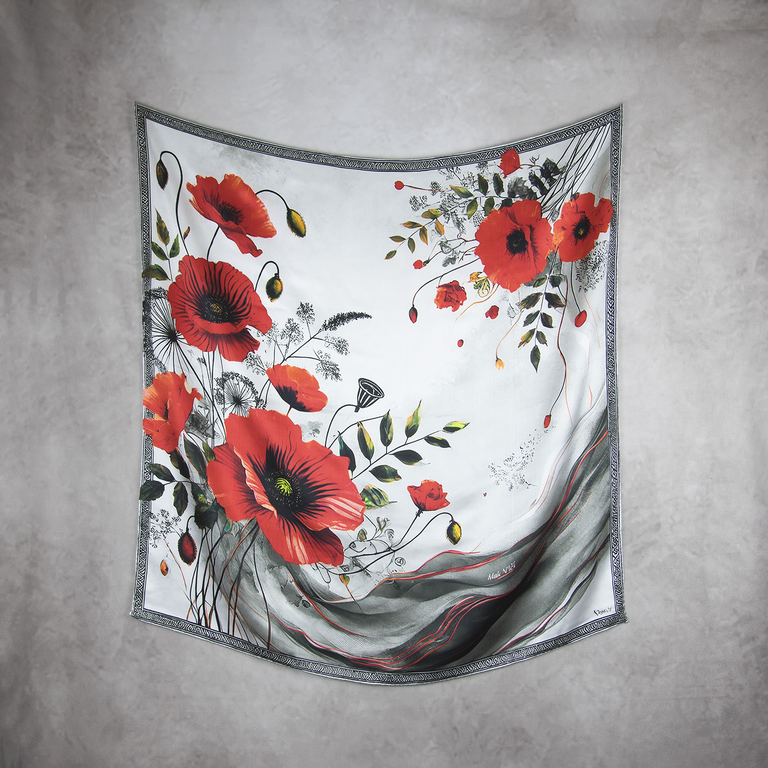 Hodvábna šatka MAK VLČÍ - SIVÝ, 90 x 90cm, Vyrobené na Slovensku – Obrázok 2