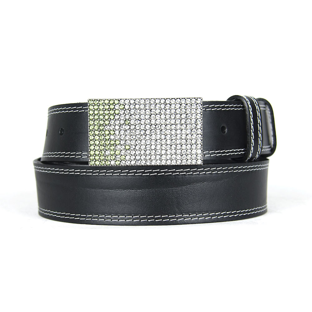 Unikátny čierny opasok z pravej kože SWAROVSKI GREEN, Ručná výroba na Slovensku, Limitovaná edícia