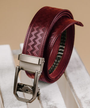Kožený opasok s dekorom a automatickou prackou – NICKEL GAP, limitovaná edícia, bordový