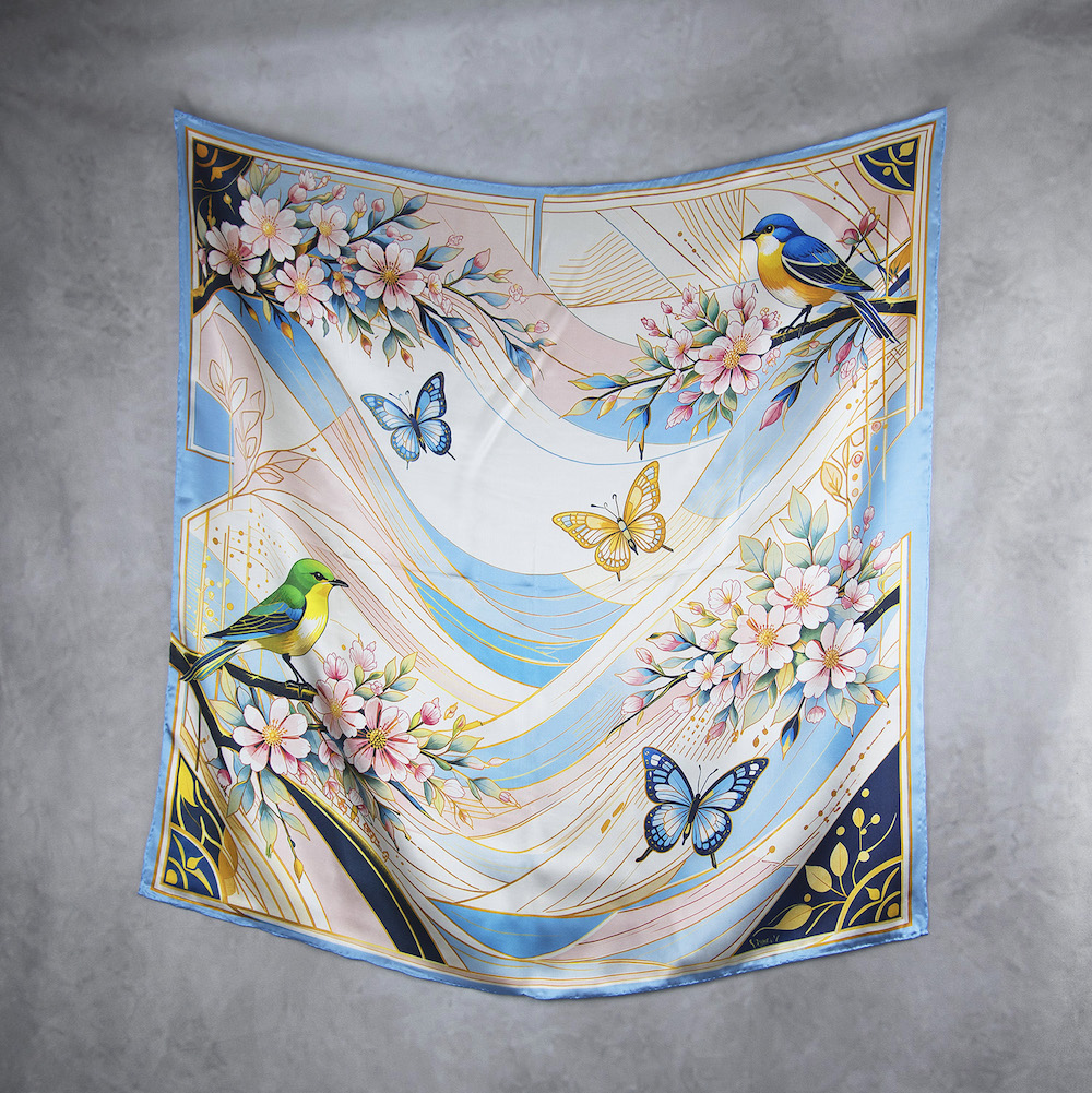 Hodvábna šatka JARNÁ ZÁHRADA – MODRÁ, 90 x 90cm, Vyrobené na Slovensku – Obrázok 2