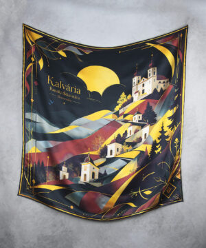 Hodvábna šatka KALVÁRIA - BÁNSKA ŠTIAVNICA, ČIERNA, 90 x 90cm, Vyrobené na Slovensku – Obrázok 2