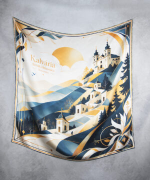 Hodvábna šatka KALVÁRIA - BÁNSKA ŠTIAVNICA, MODRÁ, 90 x 90cm, Vyrobené na Slovensku – Obrázok 2