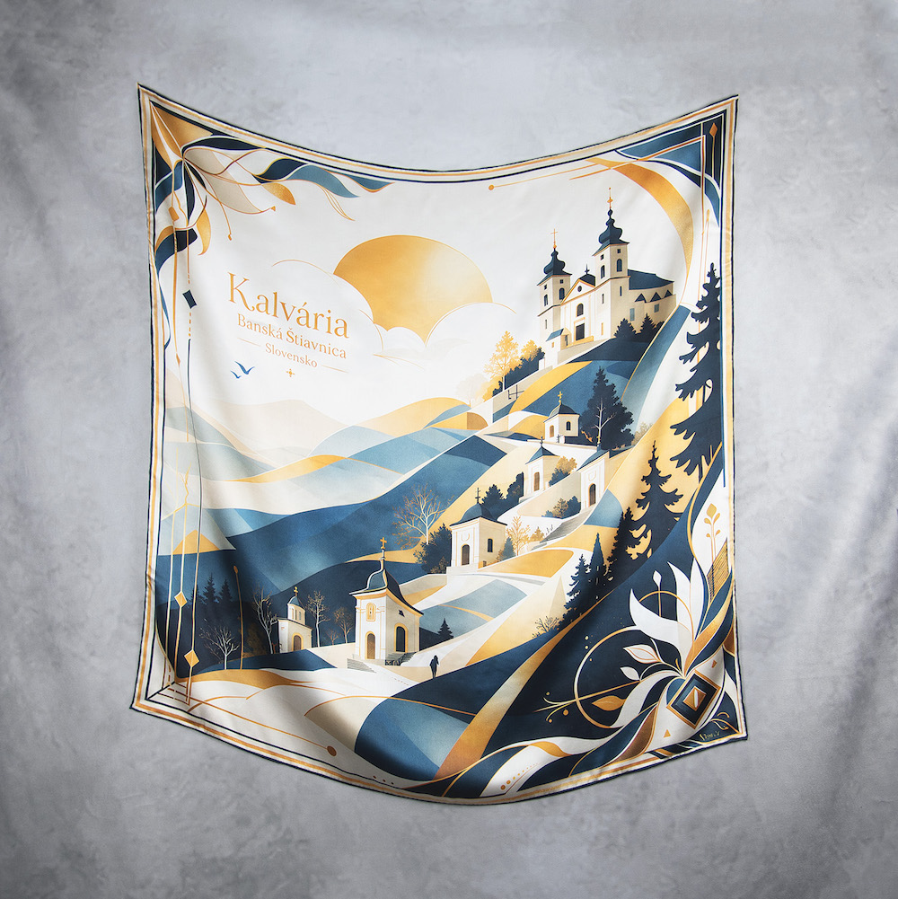 Hodvábna šatka KALVÁRIA - BÁNSKA ŠTIAVNICA, MODRÁ, 90 x 90cm, Vyrobené na Slovensku – Obrázok 2